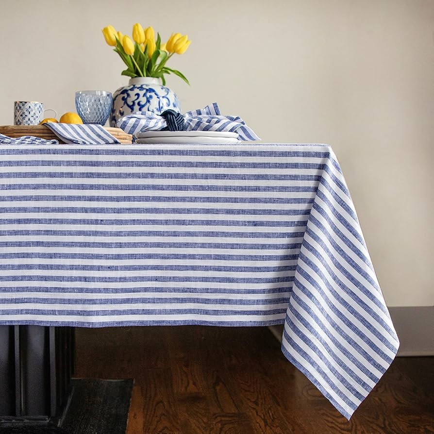 Solino Home Linen Tablecloth 60 x 108 Inch - Amalfi Stripe 100% Pure Linen Navy and White Table C... | Amazon (US)