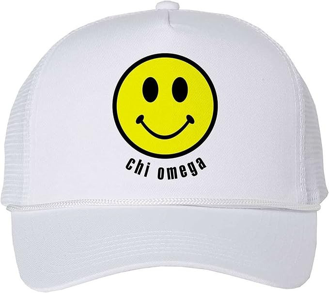 Chi Omega Chi O Smiley Face Trucker Hat White | Amazon (US)