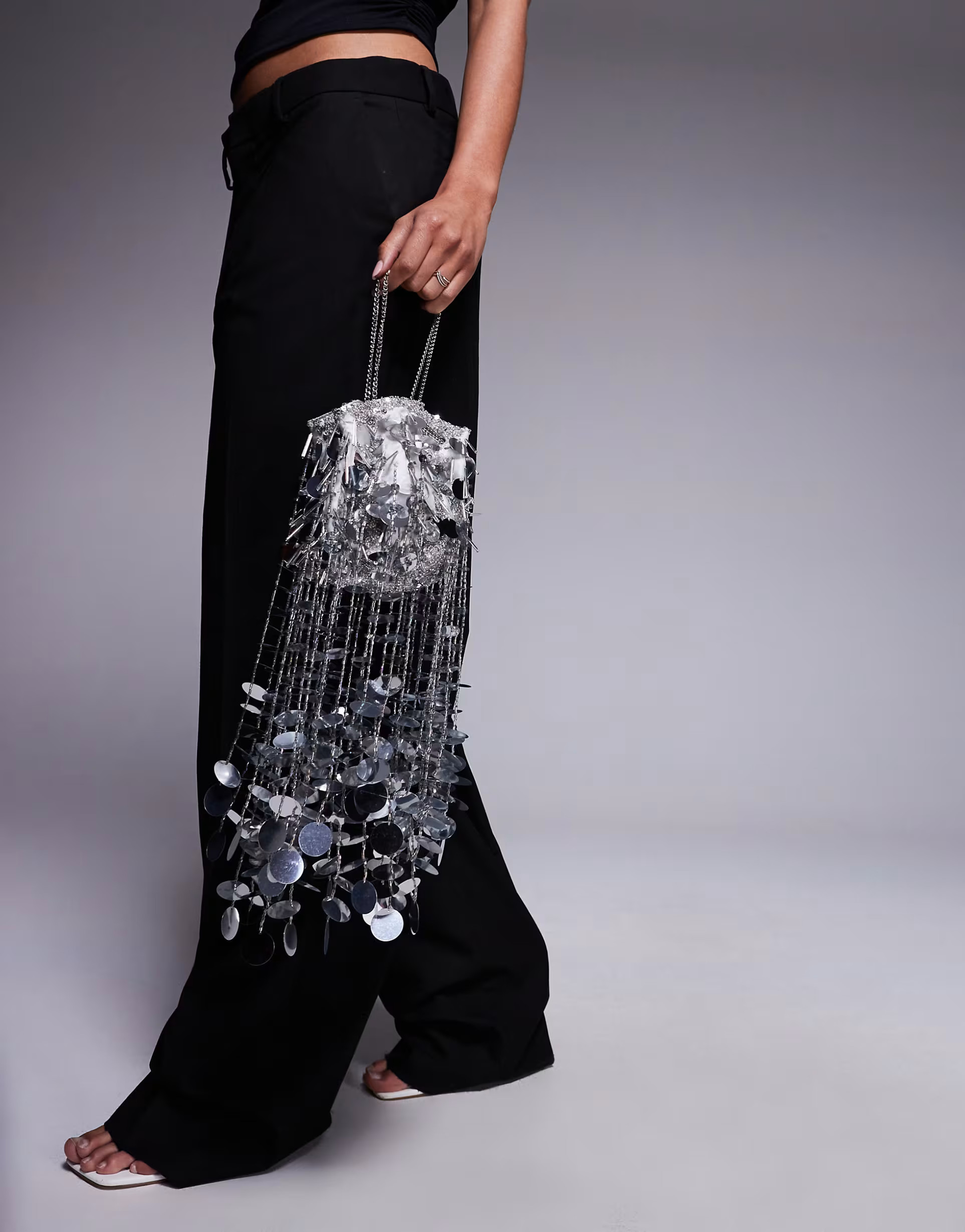 ASOS DESIGN tassel sequin bucket grab bag in silver | ASOS (Global)