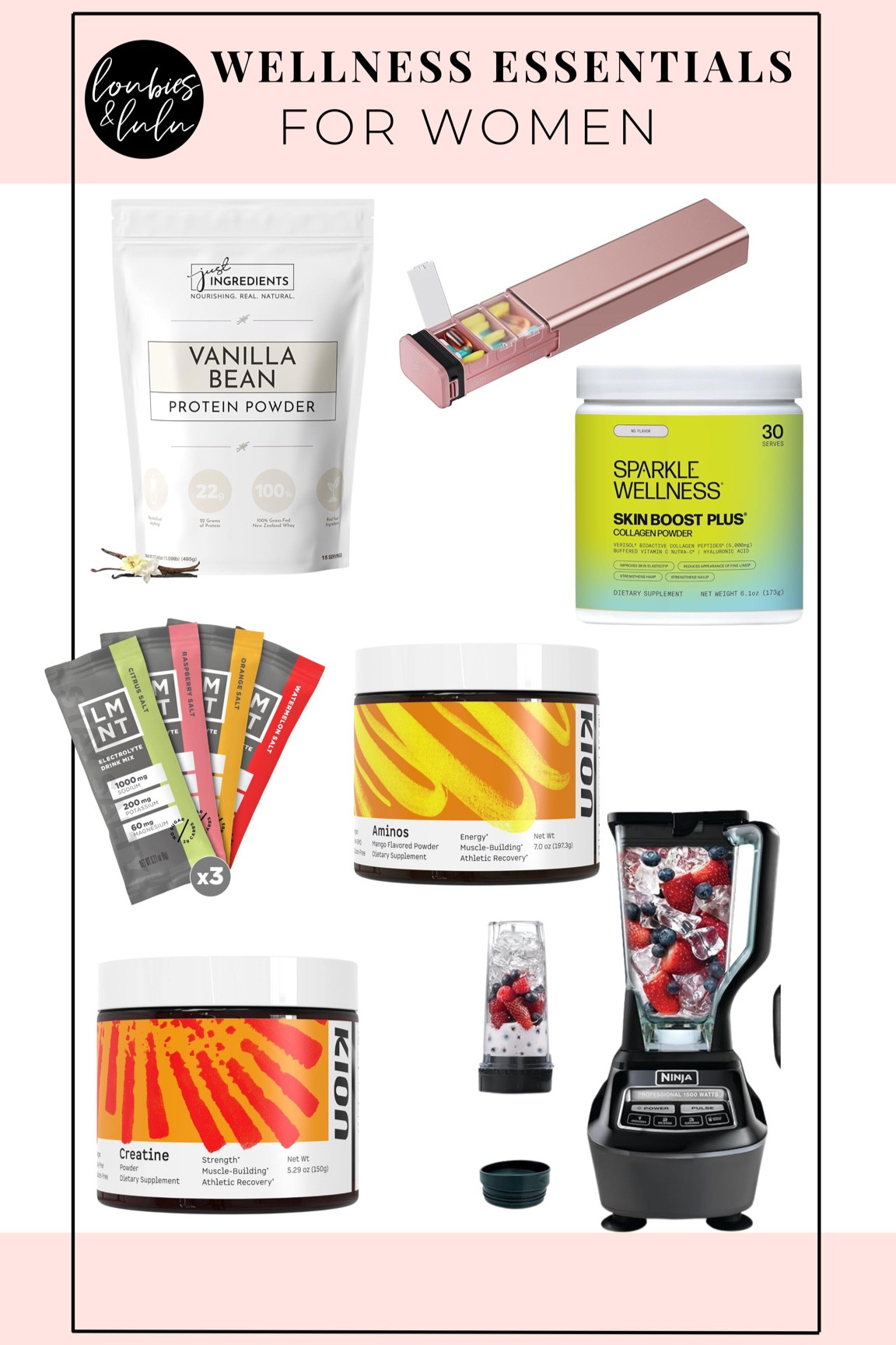 Things I take daily for wellness as an (over 40!) active woman! Creatine, aminos, electrolytes, collagen supplement, fav brand of protein powder. Also love this vitamin organizer and my ninja blender 
that I’ve had for several years and love!! 
