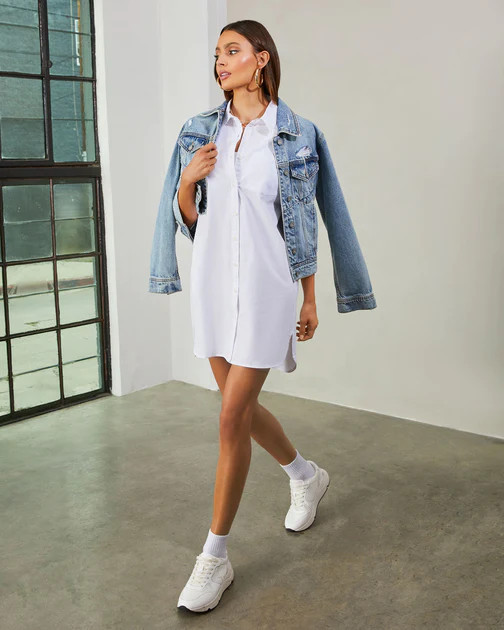 Risky Business Pocketed Button Down Shirt Dress - White | VICI