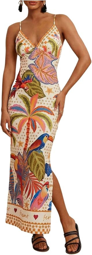 RoseSeek Women's Tropical Graphic V Neck Midi Dresses Sleeveless Split Beach Vacation Cami Dress | Amazon (US)