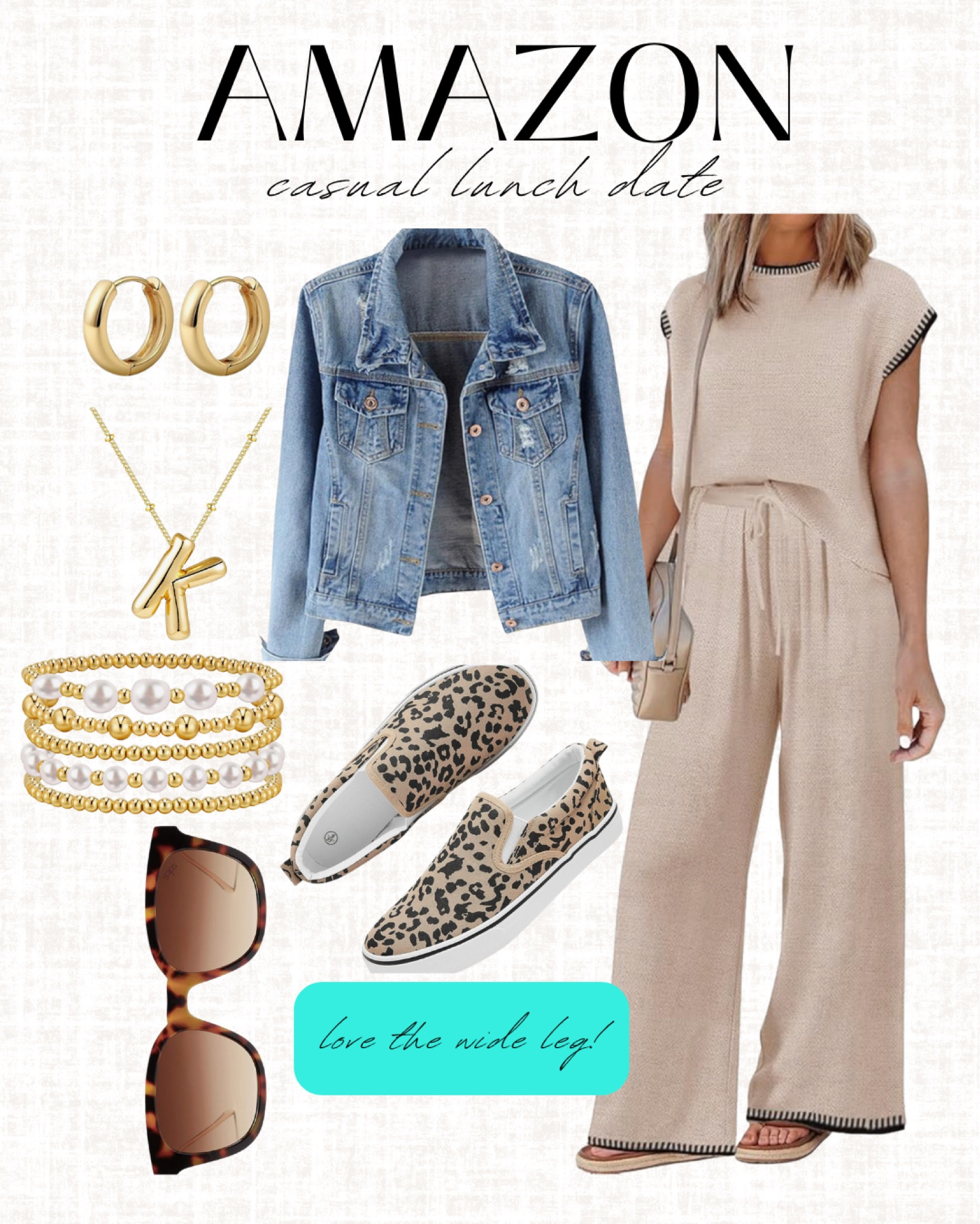 The perfect outfit for a casual lunch date: wide leg lounge set (love the details on the sleeves), denim jacket, gold/pearl bracelet stack, leopard print slip on shoes and SOJOs sunglasses



#LTKFindsUnder50 #LTKStyleTip #LTKSeasonal