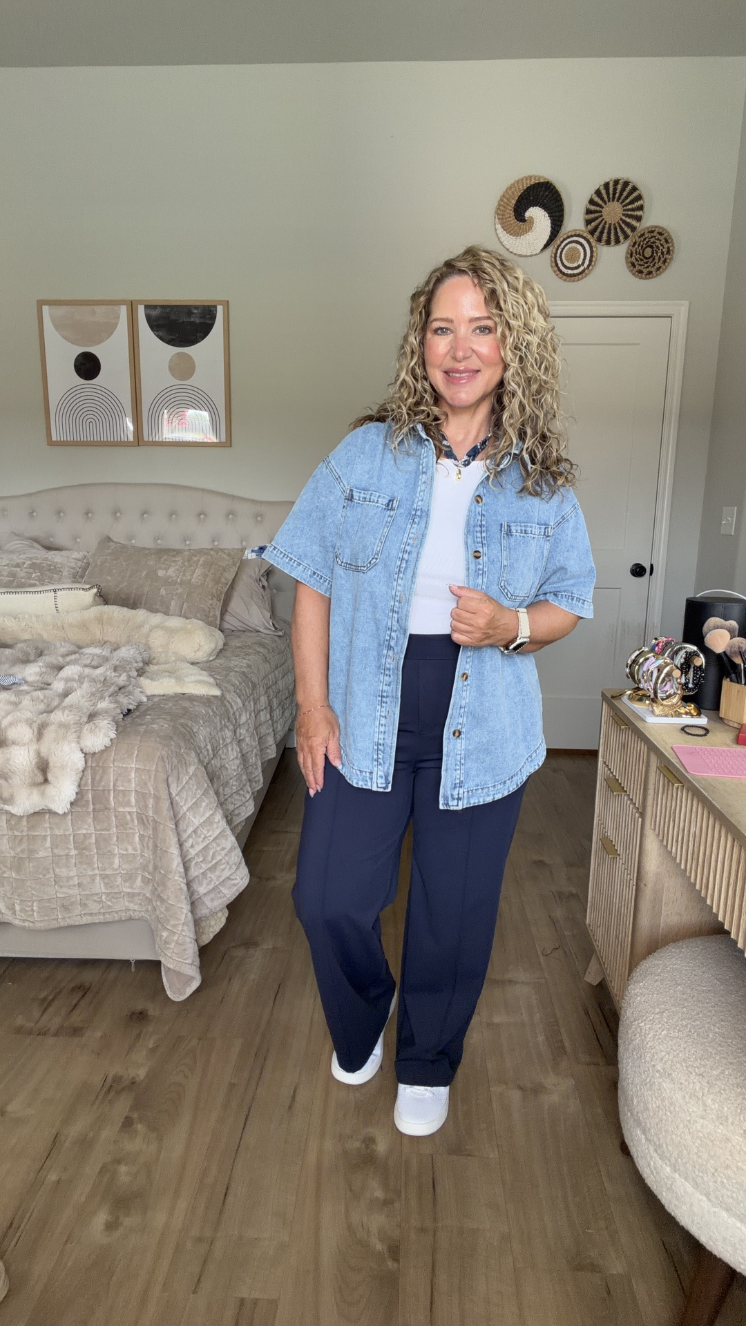 Outfit 1- denim shirt size medium, pants size large 29 inch inseam, top size large Outfit 2- yellow top size large, pants size large Outfit 3- gingham set size medium, tee size large Outfit 4- size large sweater, top and pants
