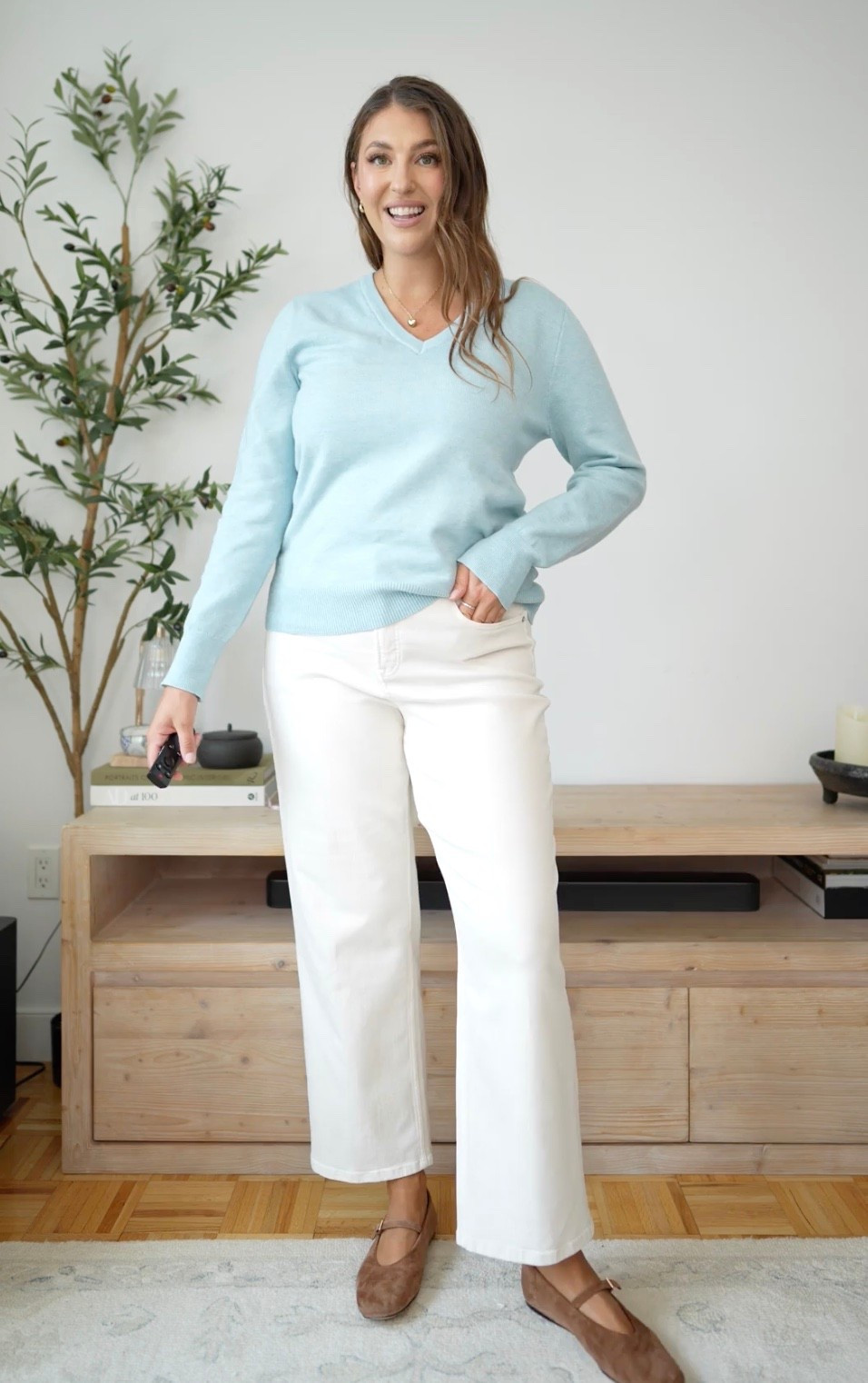 Soft blue and creamy white make such a fresh transition into fall. This classic V-neck sweater with wide-leg jeans and brown Mary Jane flats feels cozy, polished, and timeless.

blue sweater, white jeans, fall transition outfit, Mary Jane flats, casual fall style, wide leg jeans, classic outfit, Amazon fashion

#LTKWorkwear #LTKTall #LTKMidsize