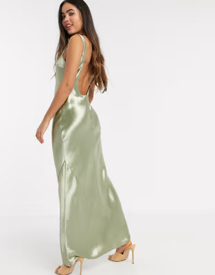 ASOS DESIGN scoop back bias cut satin maxi dress in Milky Khaki | ASOS (Global)