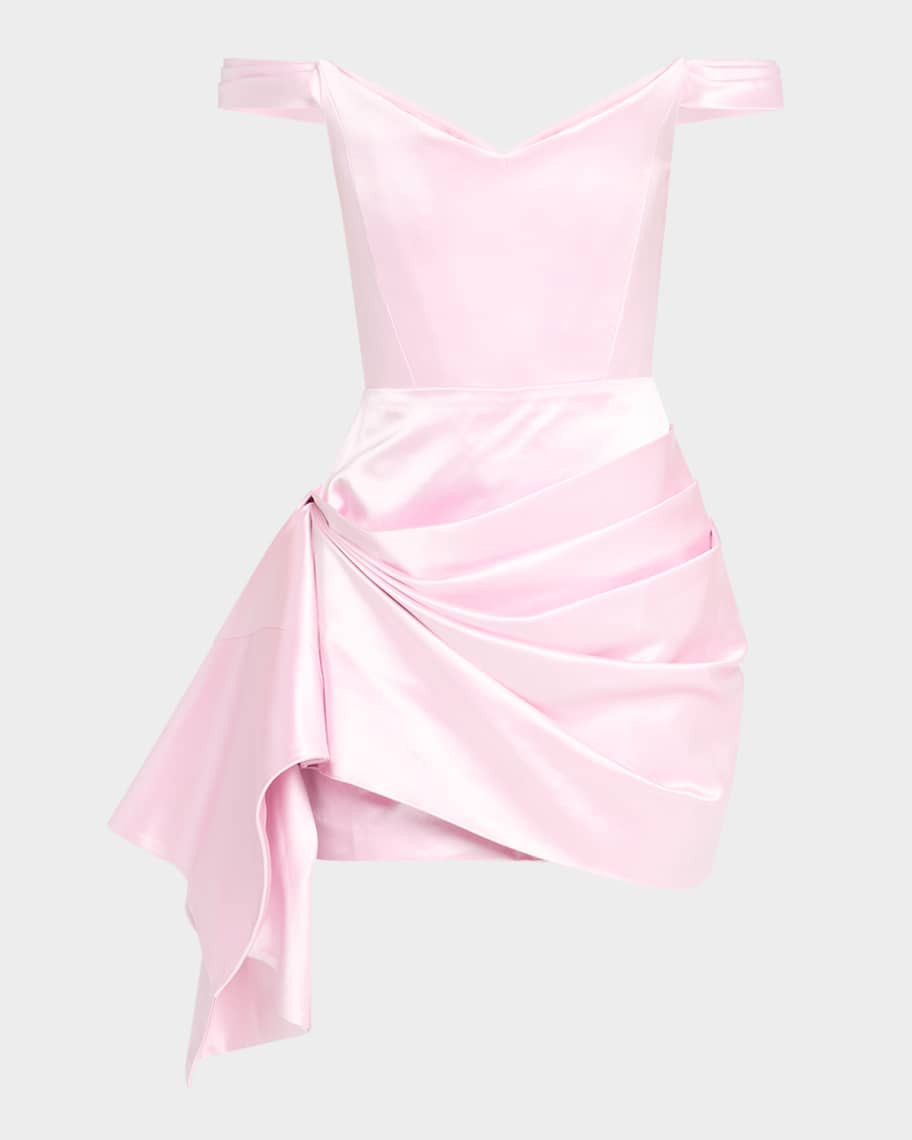 Off-The-Shoulder Draped Duchesse Satin Mini Dress | Neiman Marcus