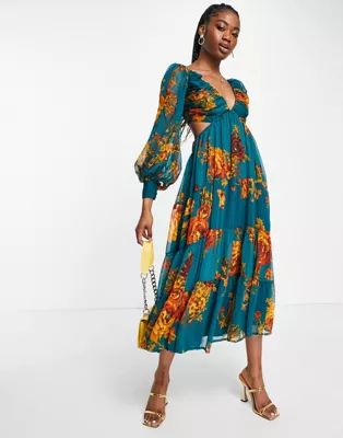 ASOS DESIGN soft pleated bodice midi dress with tiered skirt and lace up back detail in floral pr... | ASOS (Global)