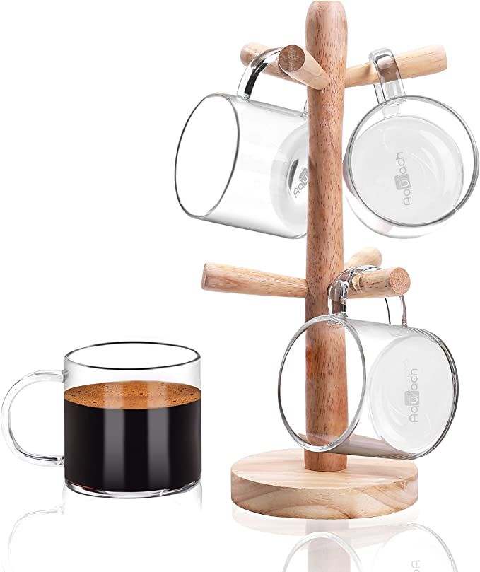 Aquach Coffee Glass Mugs Set of 4, 12 oz, Including Wooden Cup Holder Tree, 6 Hooks | Amazon (US)