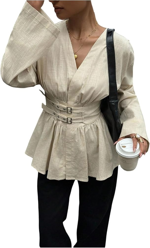 MakeMeChic Women's Bell Sleeve V Neck Blouse Fitted Flared Hem Belted Fall Shirt Tops | Amazon (US)