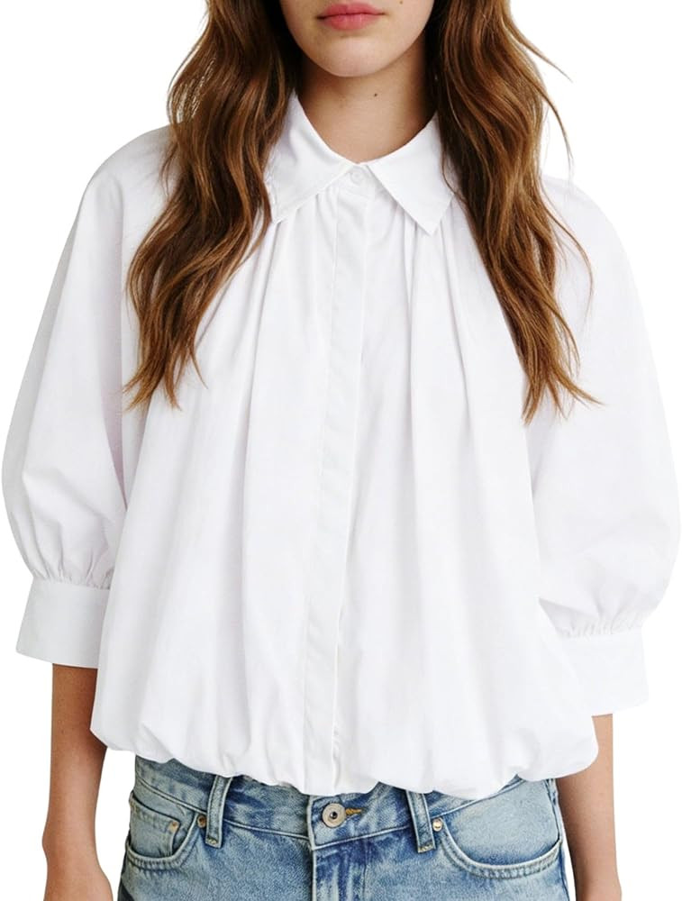 Amazon.com: Chevara Women\u2019s Cropped Puff Sleeve Shirt Lapel Neck Button Down 3/4 Sleeve Plea... | Amazon (US)