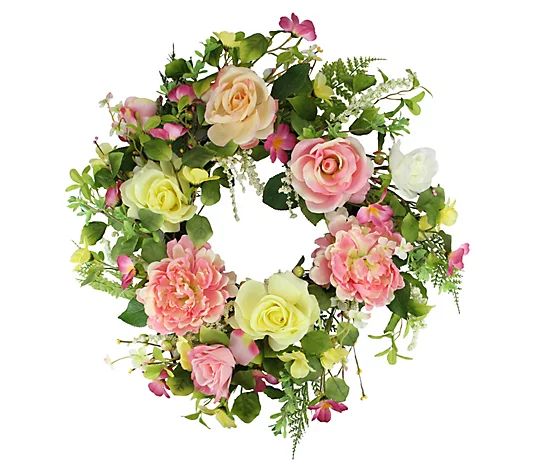 Northlight Roses & Marigolds Flowers & Leaves Spring Wreath | QVC