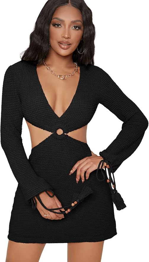 SweatyRocks Women's Long Sleeve Drawstring Cuff Cutout Ring Bodycon Mini Dress | Amazon (US)
