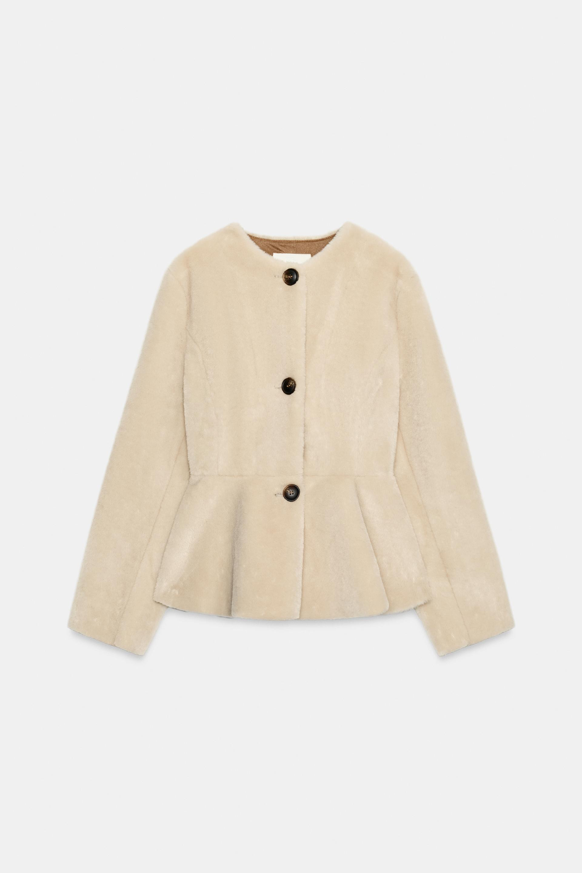 Zara - Faux Fur Peplum Jacket - Ecru - M - Woman | Zara US