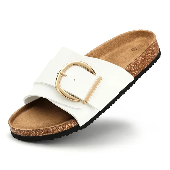 Rexoro Women's White Faux Leather Slide Sandals with Gold Buckle Comfort Cork Footbed Non-Slip Su... | Walmart (US)