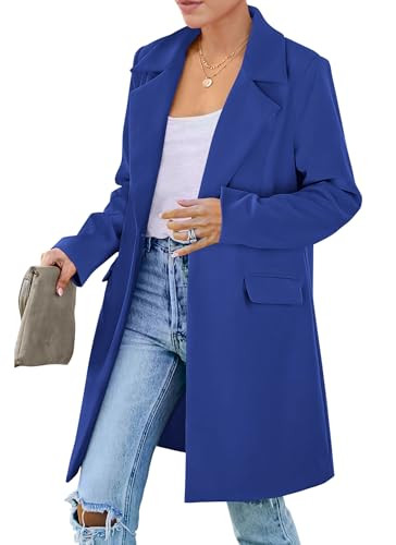 PRETTYGARDEN Women's 2025 Fall Long Blazer Jackets Long Sleeve Lapel Pockets Loose Fit Work Casual Blazers Outerwear (Royal Blue,Large) | Amazon (US)
