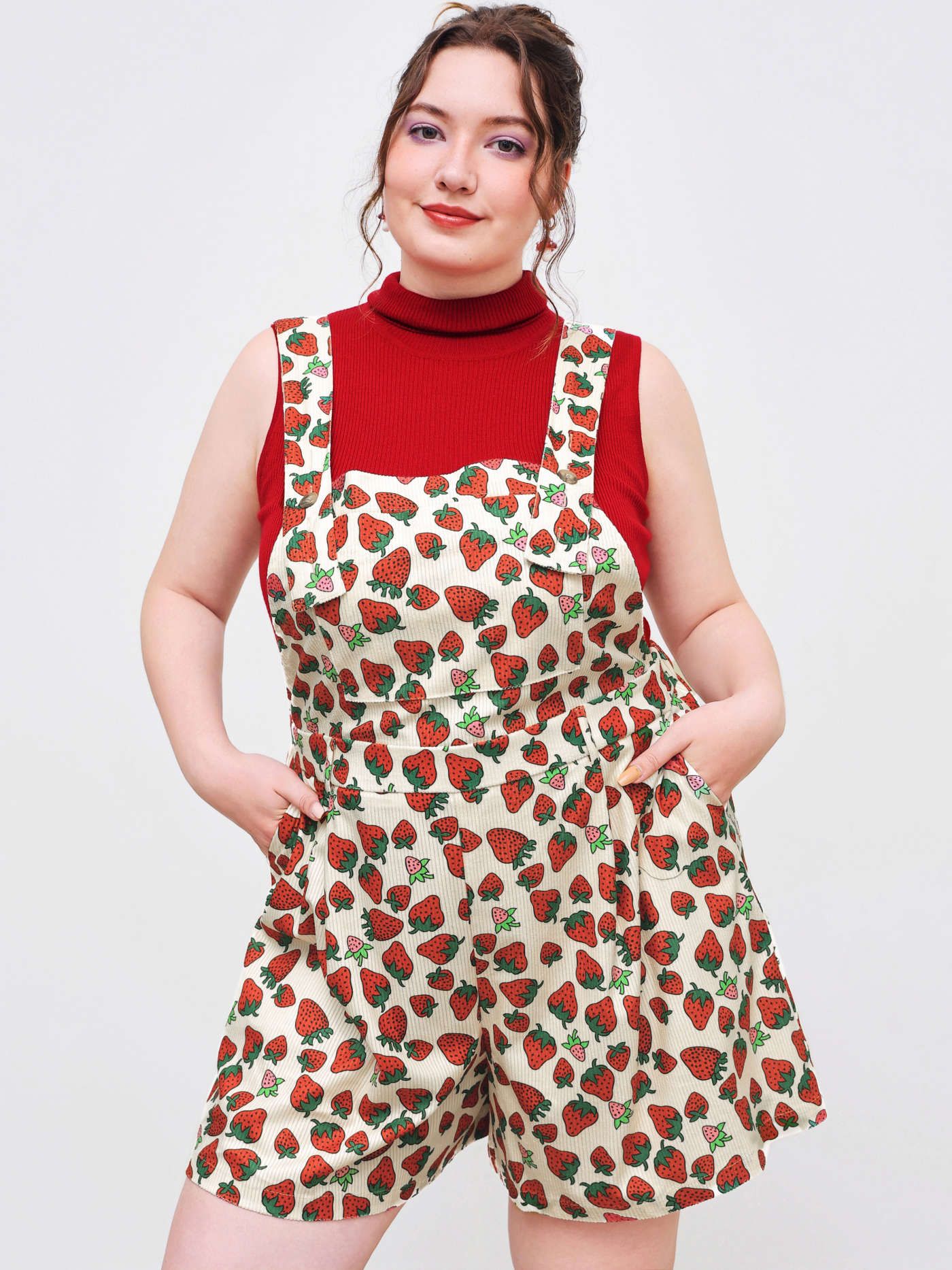 Corduroy Square Neck Strawberry Romper Curve & Plus | Cider