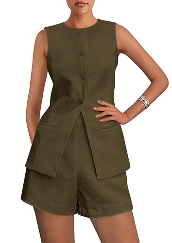 PRETTYGARDEN Women's 2 Piece Sets 2025 Summer Trendy Button Down Suit Vest Tops High Waisted Shorts Business Casual Outfits (Army Green,XX-Large) | Amazon (US)