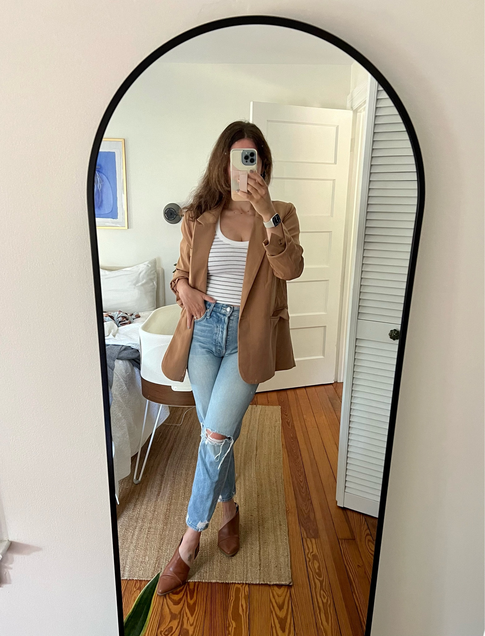 Early fall outfit/date night look: fave jeans (have linked similar!), camel blazer (have also linked similar), cut out flats, and this essential striped tank from Abercrombie 

#LTKstyletip #LTKSeasonal #LTKfindsunder100