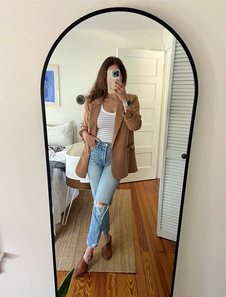 Early fall outfit/date night look: fave jeans (have linked similar!), camel blazer (have also linked similar), cut out flats, and this essential striped tank from Abercrombie 

#LTKstyletip #LTKSeasonal #LTKfindsunder100