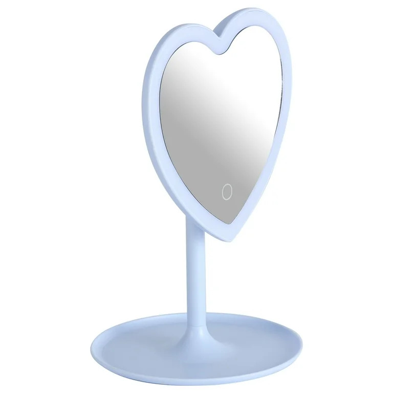 Mainstays 11.26" Tall Light Blue Plastic Frame Tabletop Heart Shaped LED Lighted Mirror with Trin... | Walmart (US)