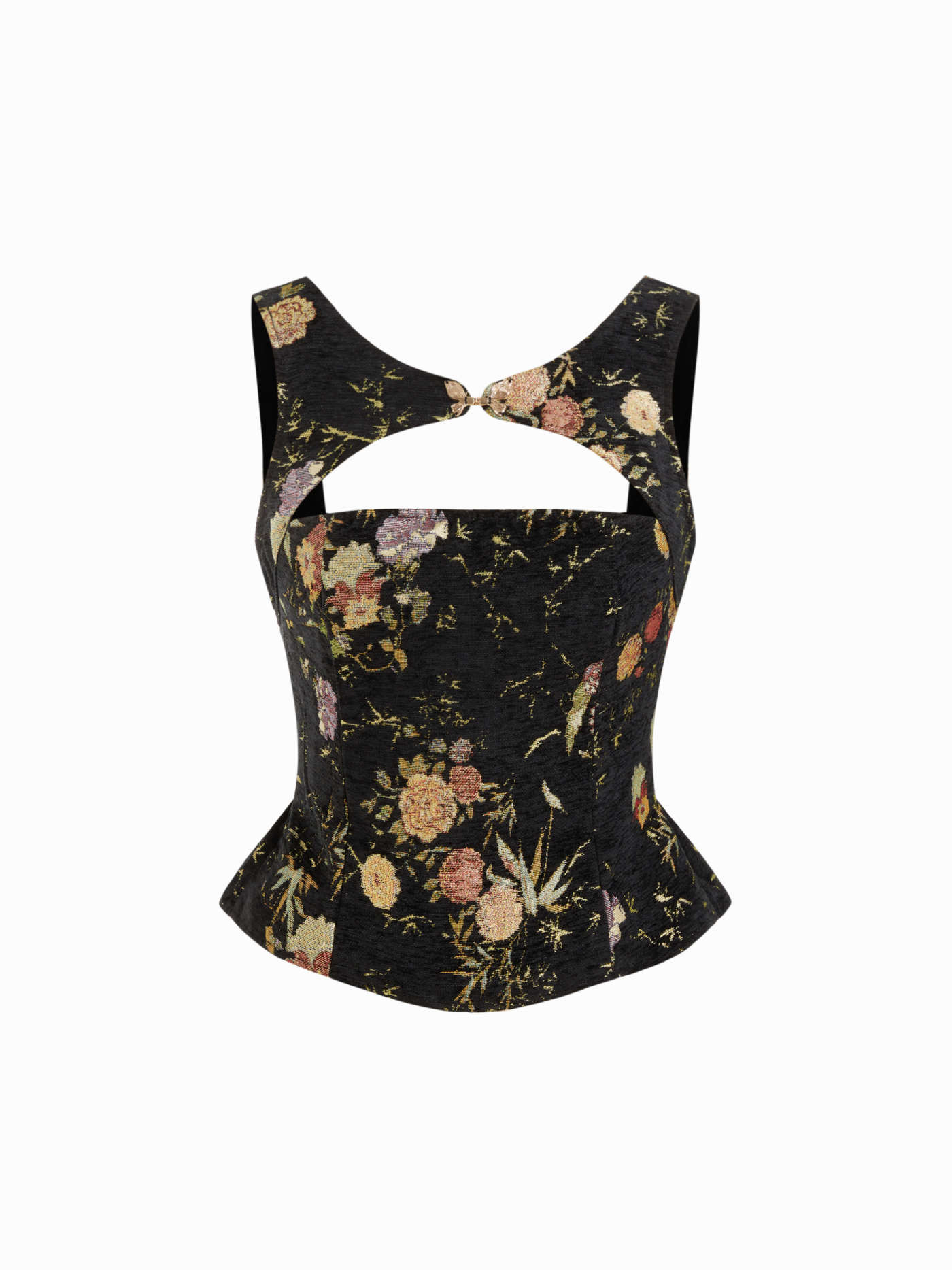 Jacquard Jacquard Square Neck Floral Metal Detail Cut Out Shirred Tank Top For Daily Casual | Cider