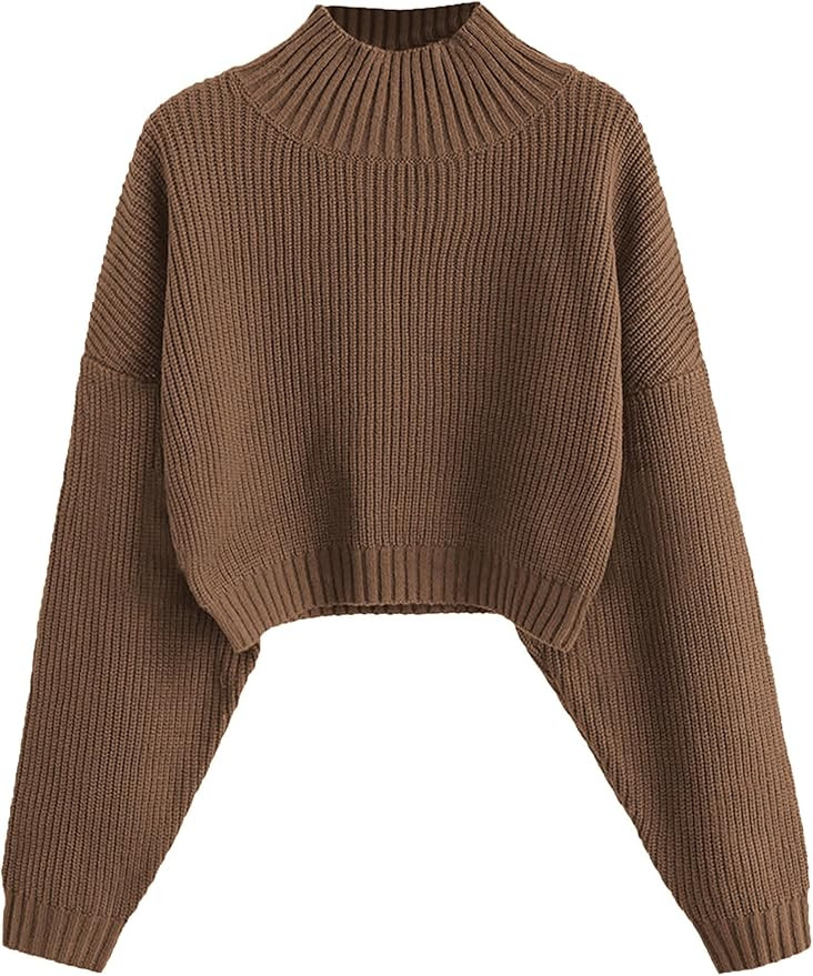 ZAFUL Women's Cropped Turtleneck Sweater Lantern Sleeve Ribbed Knit Pullover Sweater Jumper | Amazon (US)