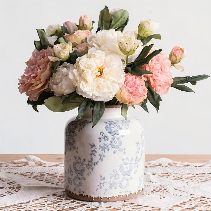 Ronasip Blue Camellia Chinoiserie Vase, 6.2\u201d Crackled White Ceramic Vase with Antique Distre... | Amazon (US)