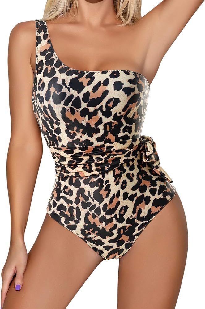 RXRXCOCO Women One Shoulder Bathing Suit Side Bandage Bowknot Tummy Control One Piece Swimsuit Sw... | Amazon (US)