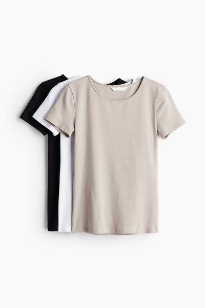 3-pack T-shirts - Round Neck - Short sleeve - Light beige/white/black - Ladies | H&M US | H&M (US + CA)