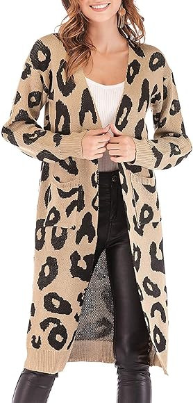 Cocobla Women Open Front Knitted Cardigan Loose Long Sweaters Leopard Outerwear Pullover with Poc... | Amazon (CA)
