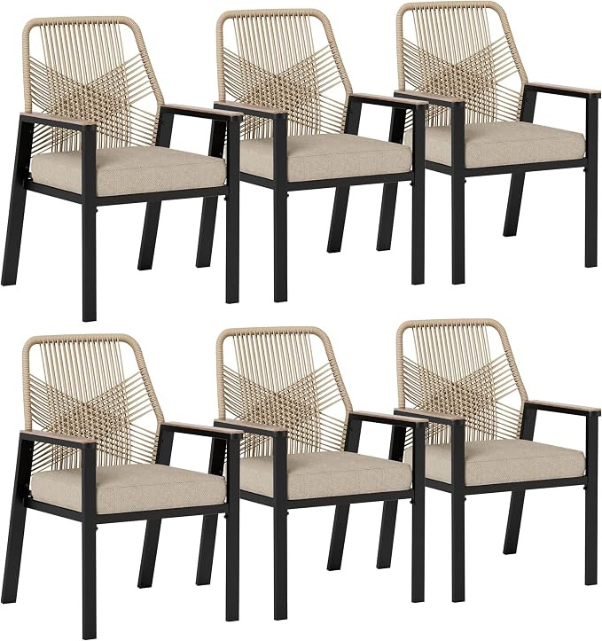 HERA'S HOUSE Patio Dining Chairs, Set of 6, Wrought Iron & Rattan, Beige | Wicker, heavy-duty out... | Amazon (US)