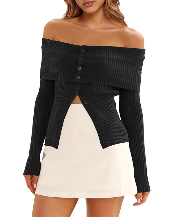 Saodimallsu Womens Off The Shoulder Sweaters Long Sleeve Fitted Ribbed Knit Button Down Trendy Da... | Amazon (US)