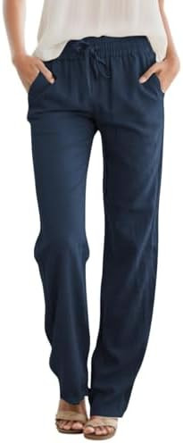 SEMARO Womens Casual Linen High Waist Pants Drawstring Loose Fit Summer Pants Trousers with Side ... | Amazon (US)