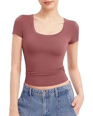 PUMIEY Women's T Shirts Short Sleeve Scoop Neck Basic Going Out Tops Fashion Slim Fit Tee Smoke C... | Amazon (US)