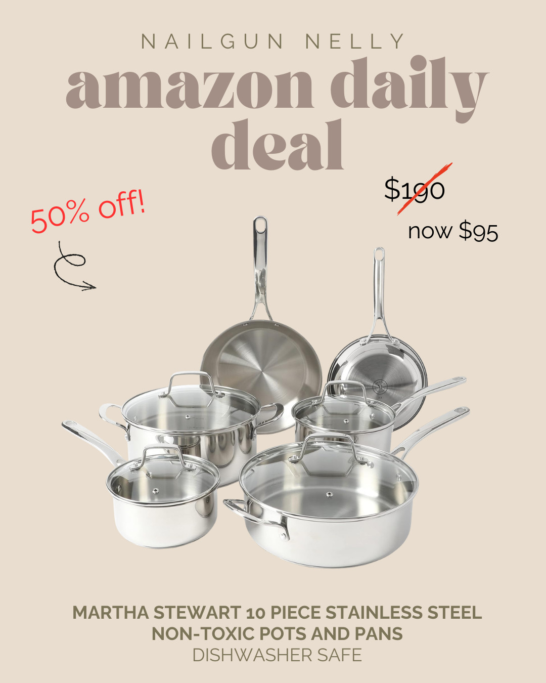 Amazon Daily Deal - 

Martha Stewart Castelle 10 Piece, Durable Stainless Steel, Induction Safe, Non-Toxic Triply Bottom, Pots and Pans, Cookware Set - Dishwasher Safe 

 #LTKOver40 #LTKHome #LTKSaleAlert