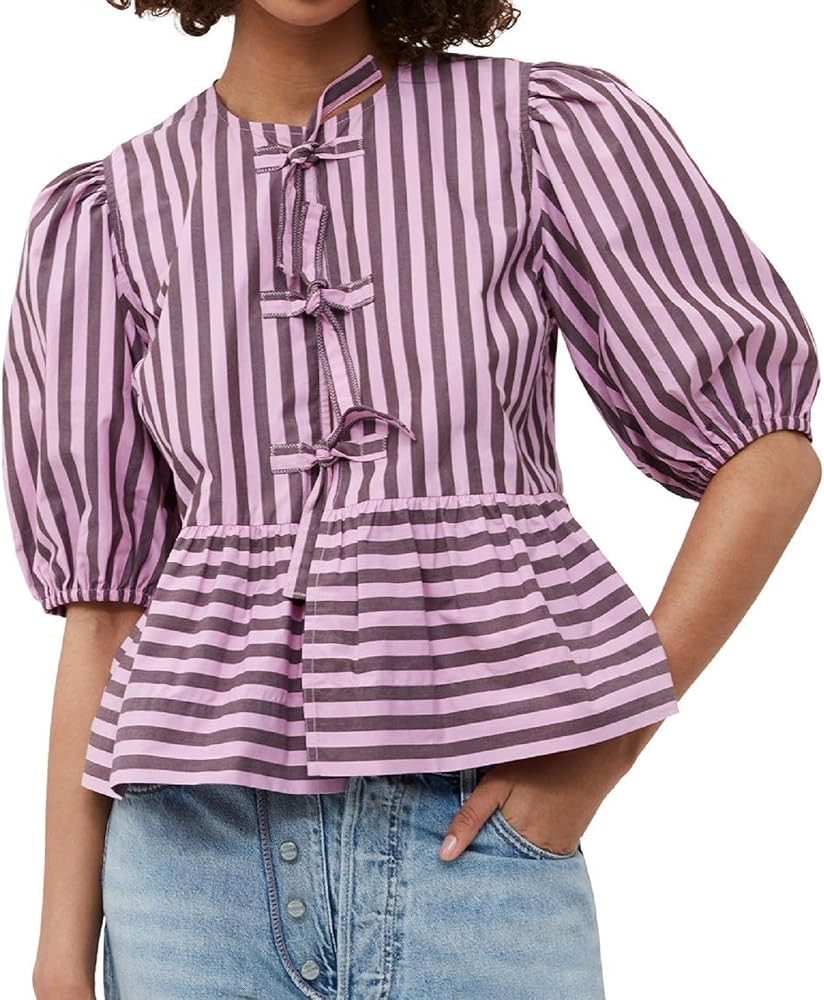 Women Y2k Peplum Shirt Puff Short Sleeve Lace Up Bow Blouse Tie Open Front Ruffle Hem Blouses Top... | Amazon (US)