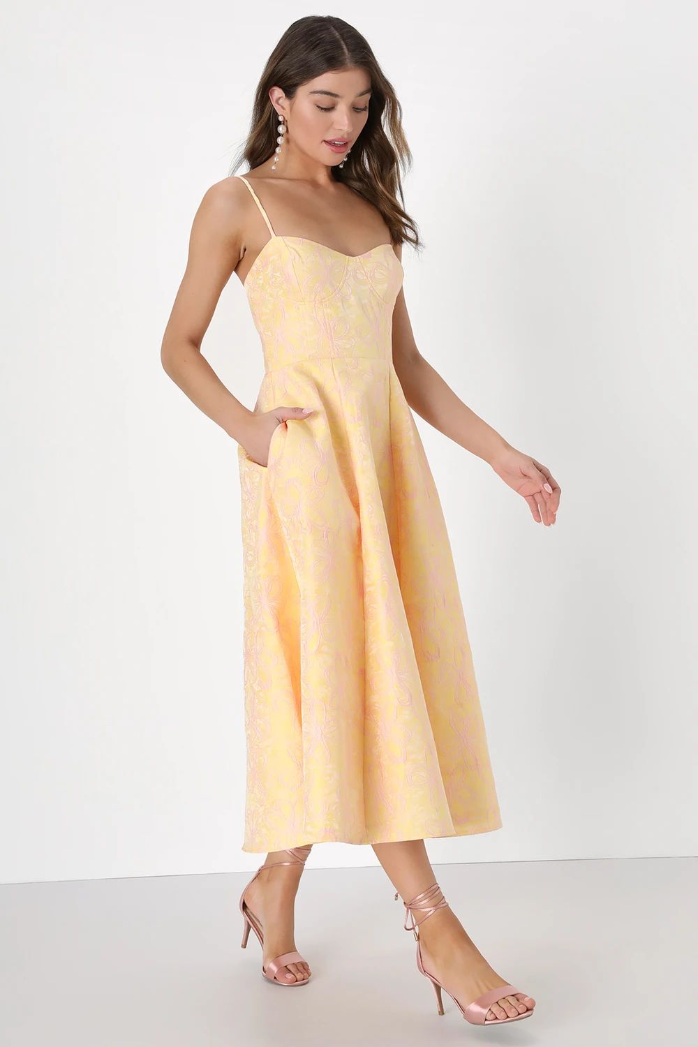 Meet for Tea Yellow Jacquard Bustier Midi Dress With Pockets | Lulus