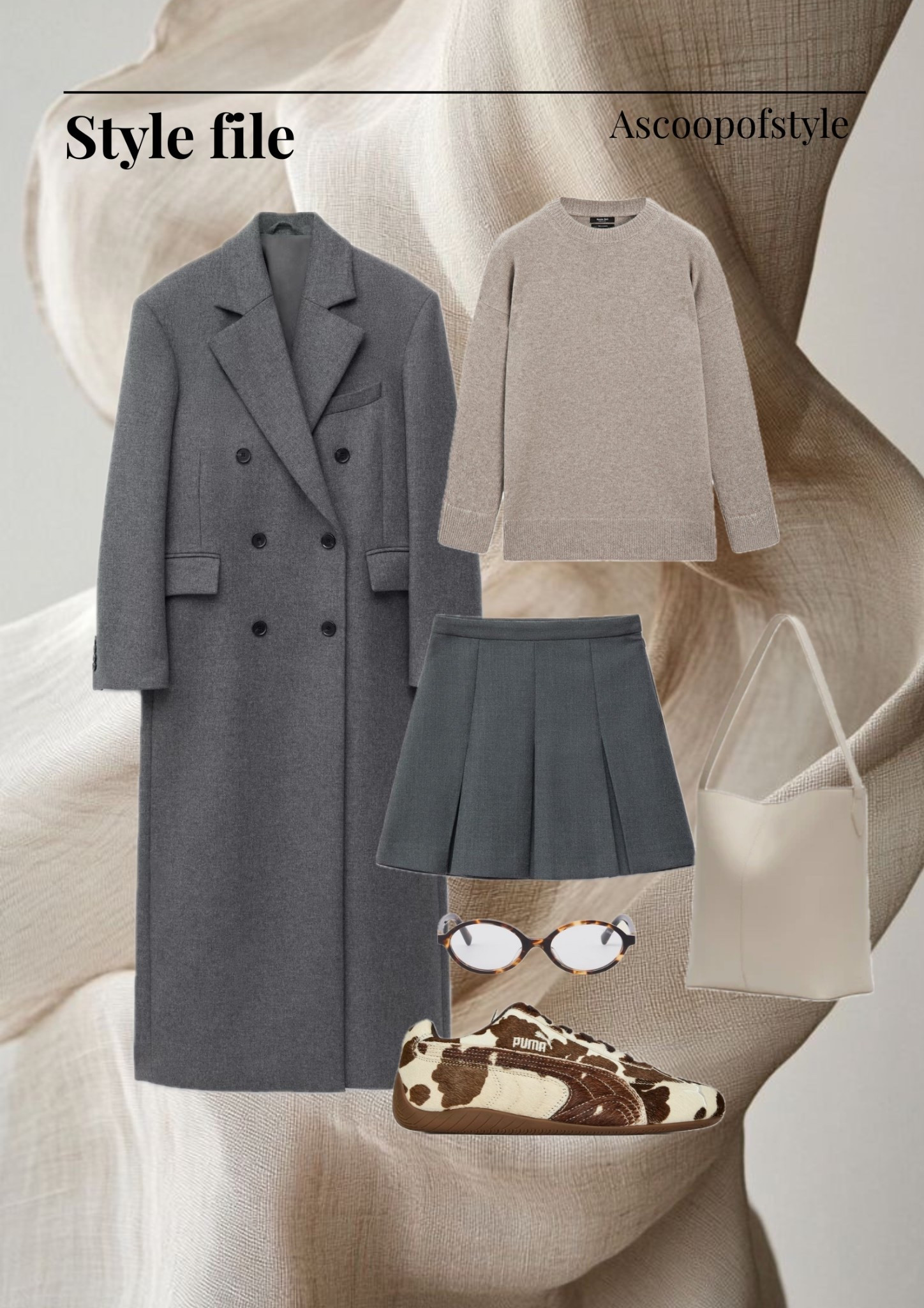 A good grey coat never hurts especially with neutral tones #pleatedskirt #cashmere #greycoat #cowprint #automne #autumn 

#LTKeurope #LTKautumn #LTKshoes