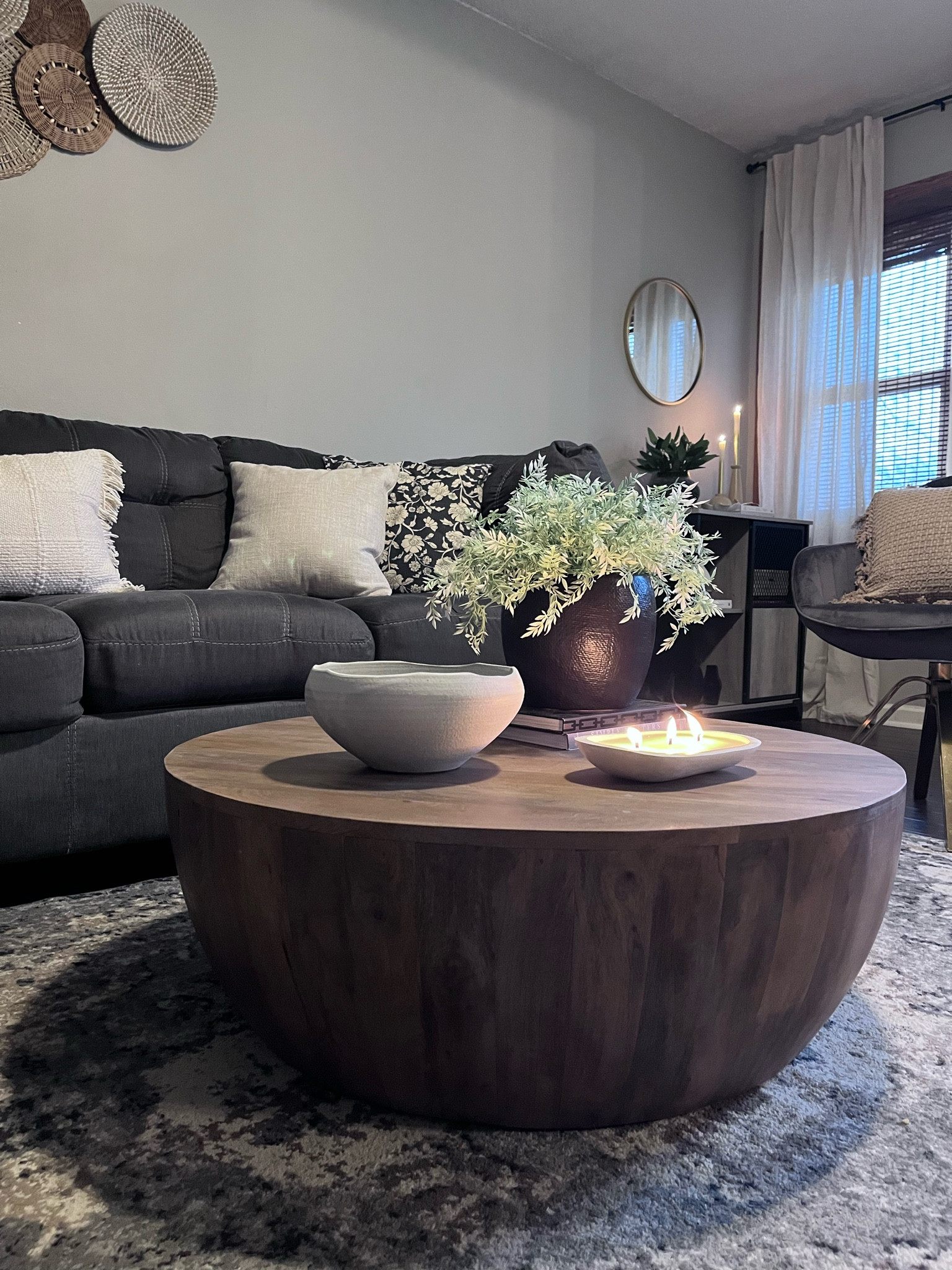 Coffee table, drum shape table, decorative bowl, mcgee & co bowl, on sale, planter, pillow covers, pillows, round gold mirror, curtains, linen curtains

#LTKFind #LTKhome #LTKsalealert