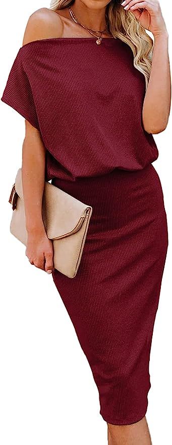 BTFBM Women's Casual Dresses Off The Shoulder Short Sleeve Solid Color Ribbed Knit Party Slim Fit... | Amazon (US)