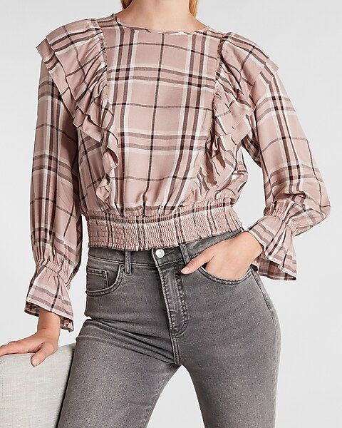 Plaid Ruffle Front Banded Bottom Top | Express