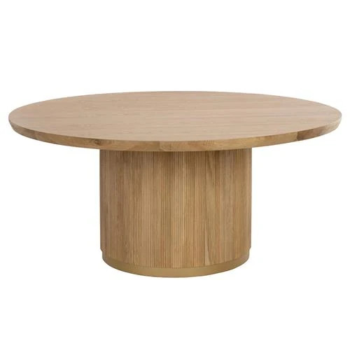 Palmerston Modern Natural Oak Brushed Gold Steel Round Dining Table - 68"W | Kathy Kuo Home