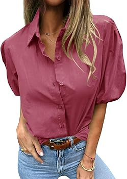 Amazon.com: Tankaneo Women's Button Down Shirts Short Puff Sleeve Collared Dressy Casual Blouse T... | Amazon (US)