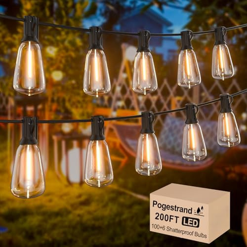 LED Outdoor String Lights 200ft ST38 Waterproof Patio Lights with 106 Vintage Shatterproof Bulbs(6 Spare), Dimmable Outside Hanging Edison String Lights for Backyard Porch Balcony Decor, Warm White | Amazon (US)