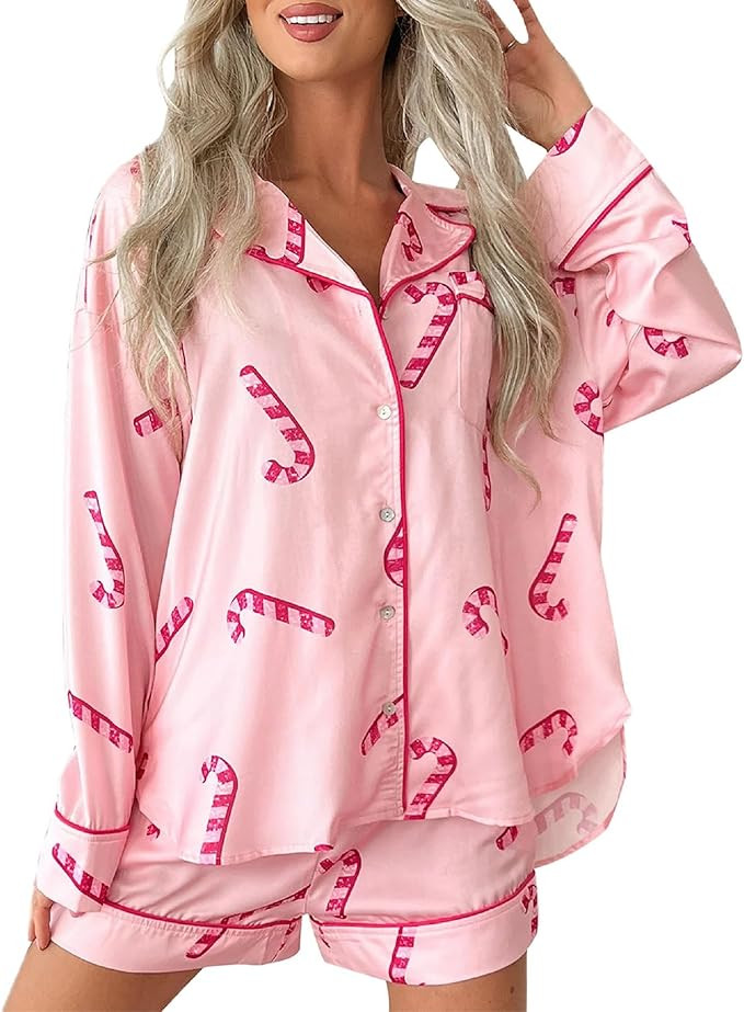 Aonoapll Women Christmas Pajamas Shorts Set Cute Patterned Long Sleeve Shirts and Shorts 2 Piece ... | Amazon (US)