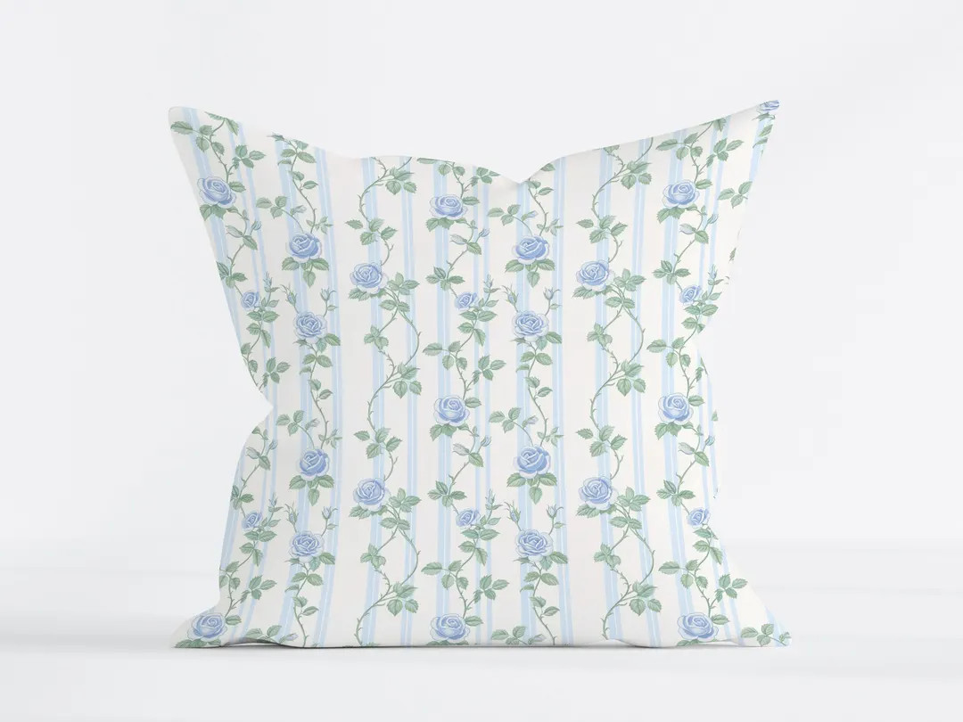 Blue Floral Pillow Rose Pillow Blue Nursery Decor Blue Dorm Decor Floral Girl Bedding Rose Throw ... | Etsy (US)