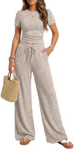 Trendy Queen Womens 2 Piece Lounge Matching Sets Wide Leg Pants Crew Neck Short Sleeve Shirt Swea... | Amazon (US)