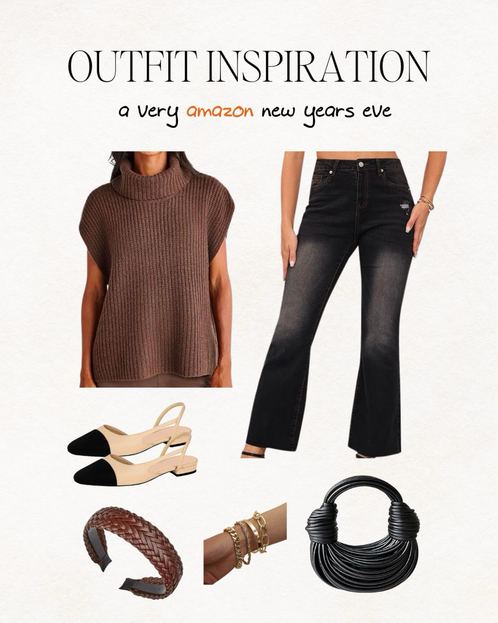 new years outfit, brown top, sweater turtleneck, sweater top, mock neck, brown shirt, black purse, going out outfit, bar outfit, ballet flats, amazon finds, amazon outfit, gold bracelet set, bracelets; headband, beige headband, neutral outfit, casual outfit, casual look 

#LTKparties #LTKfindsunder100 #LTKfindsunder50