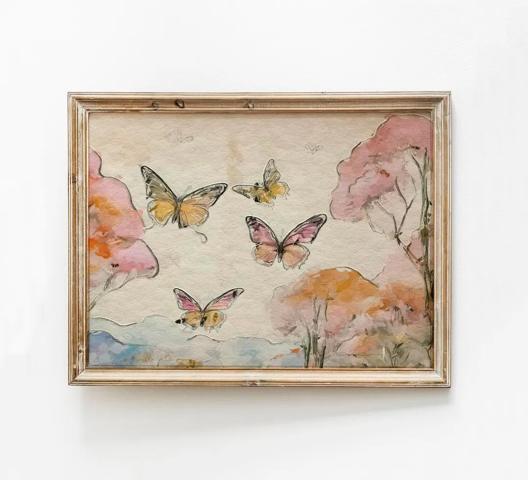 Abstract Butterflies Print, Nursery Room Painting, Blush Vintage Art, Pink Girl Bedroom Wall Art,... | Etsy (US)